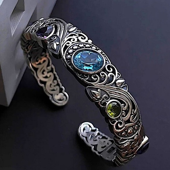 Vintage Sterling Silver Bangle, Multicolor Gemstone Engraved Cuff, Elegant - Picture 12 of 12